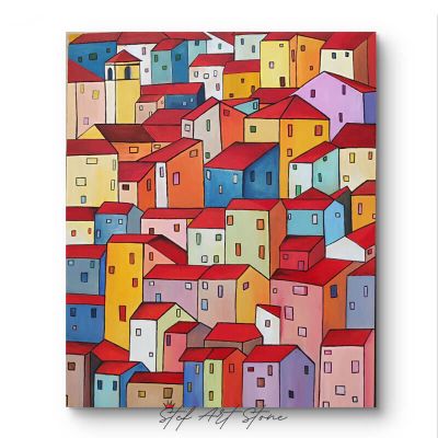 Картина за стена Градски Пейзаж с Цветни Къщички